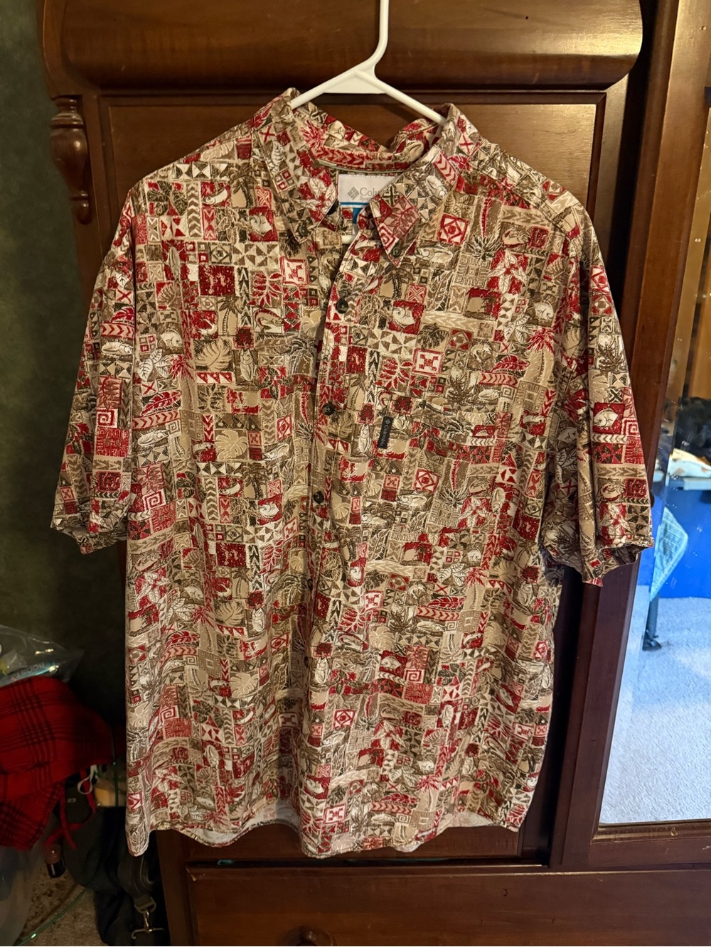 Columbia Short-Sleeve Patchwork Print Button-Down in Red and Tan